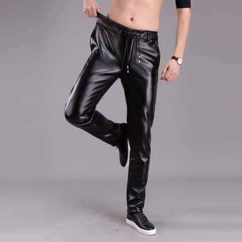 Spring Summer Men Leather Pants Elastic High Waist Lightweight Casual PU Leather Trousers Thin Causal Trousers